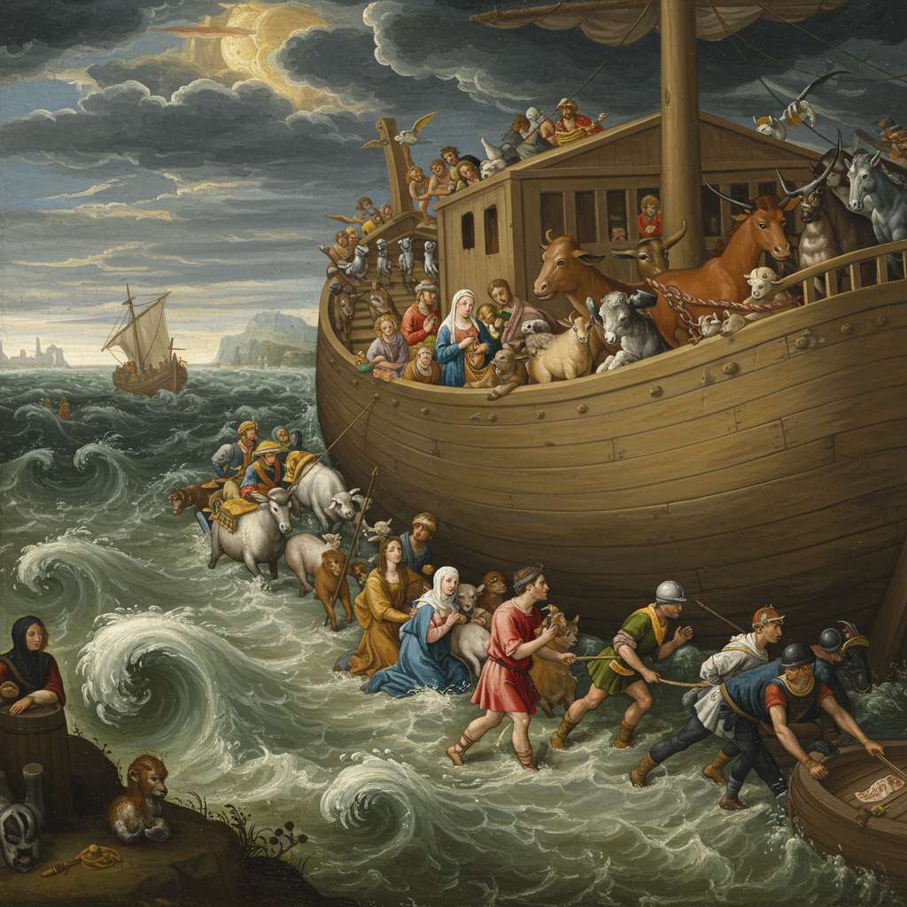 Ilustração da Arca de Noé navegando por águas turbulentas.
