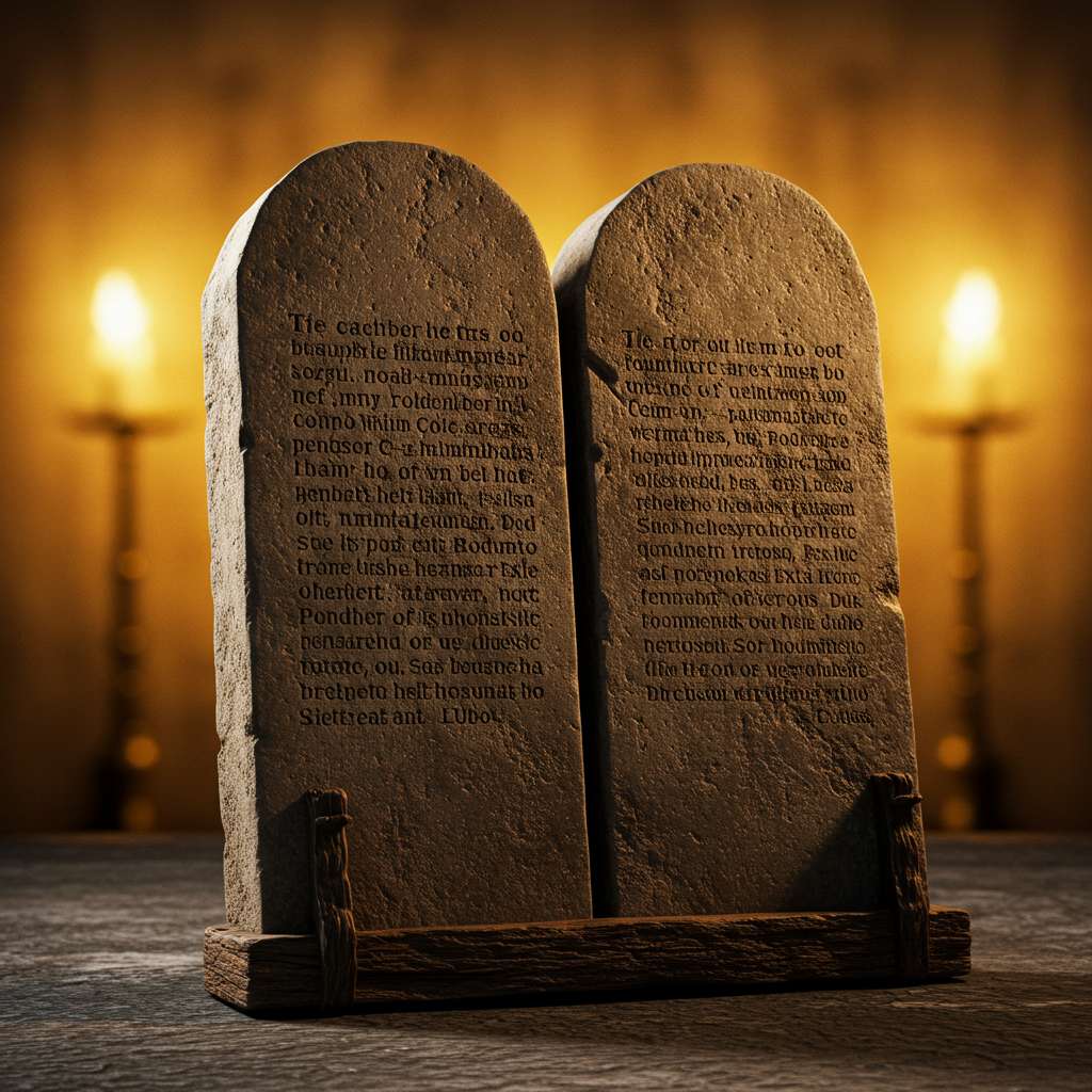 As tábuas dos Dez Mandamentos em um ambiente sagrado.